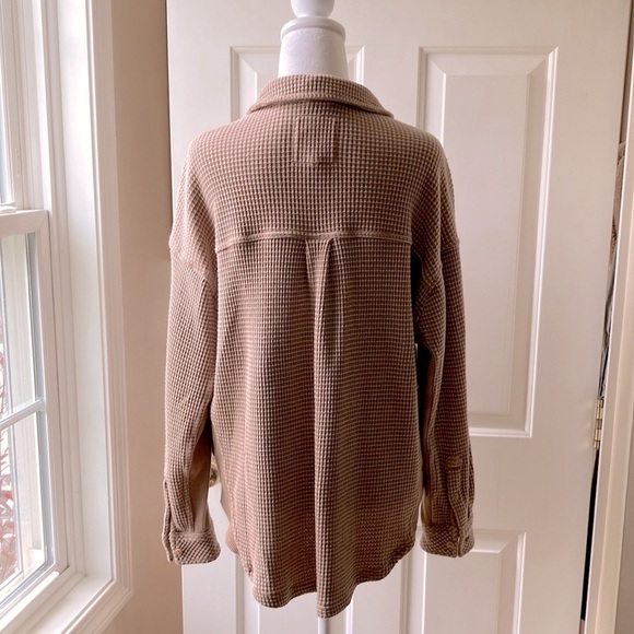 Aerie Women’s Textured Waffle Shirt Long Sleeve Brown & Cream Size Oversized XXS - Picture 9 of 16